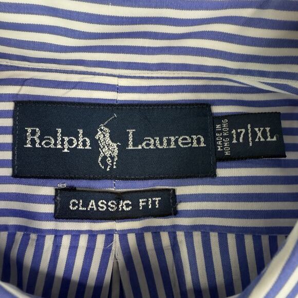 Ralph Lauren Men’s XL 17 Classic Fit Blue White Stripe Shirt Pony Hong Kong VTG - Picture 5 of 7